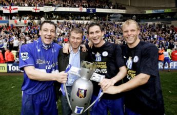 Chelsea's John Terry, Roman Abramovich, Frank Lampard and Eidur Gudjohnsen celebrate winning the premier league