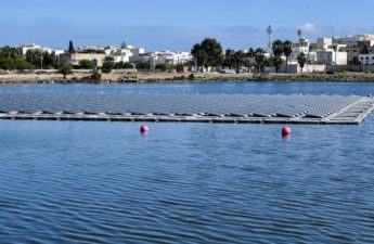 ألواح الطاقة الشمسية المنتشرة في بحيرة في تونس